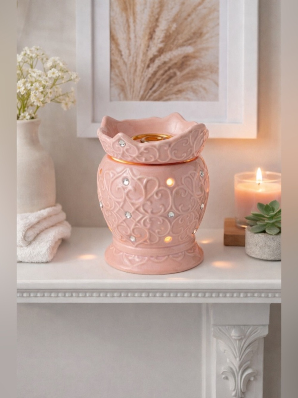 Scentsy Pink Tiara Ceramic Wax Warmer Scroll Embossed Rhinestone Accents